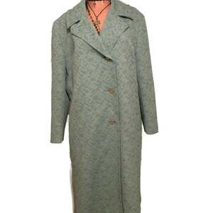 Vintage Dearden 1950s Light Blue Geometric Jacquard Long Coat - Size L